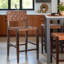 Solid Wood & Woven Pattern Cognac Leather Bar Stool - Handcrafted Modern Chair for Kitchen or Bar-601925720