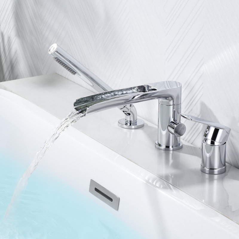 Waterfall Deck-Mount Roman Tub Faucet With Hand Shower, 3-Hole Single Handle Bathtub Faucet, Polished Chrome