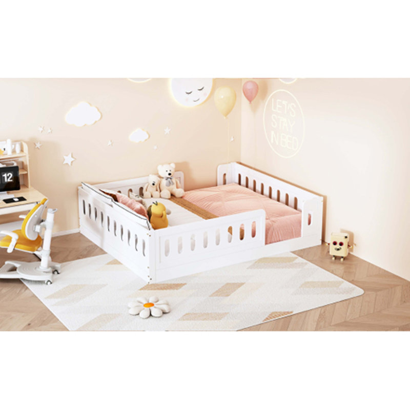 Lit plateforme double en bois avec garde-corps, Blanc