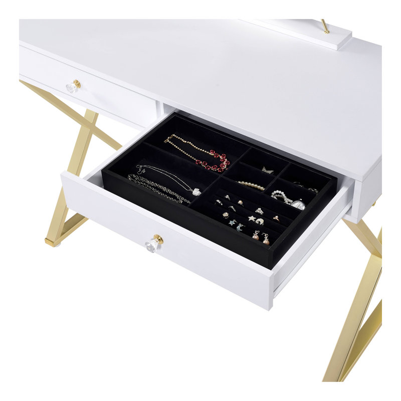 Coleen White & Gold Finish Vanity Desk W/Mirror & Jewelry Tray