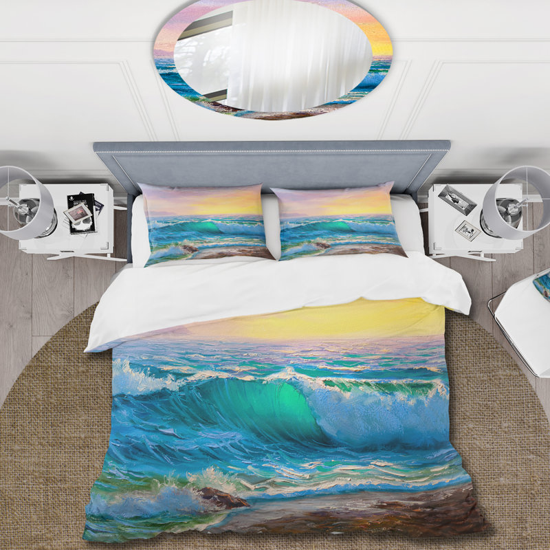 Blue Waves Breaking At The Beach IV - Ensemble de housse de couette nautique et côtier - Polyester en microfibre