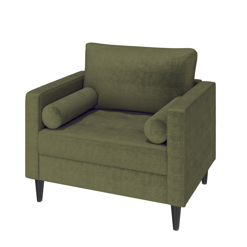 Fauteuil en velours capitonné avec accoudoirs capitonnés et 2 coussins décoratifs