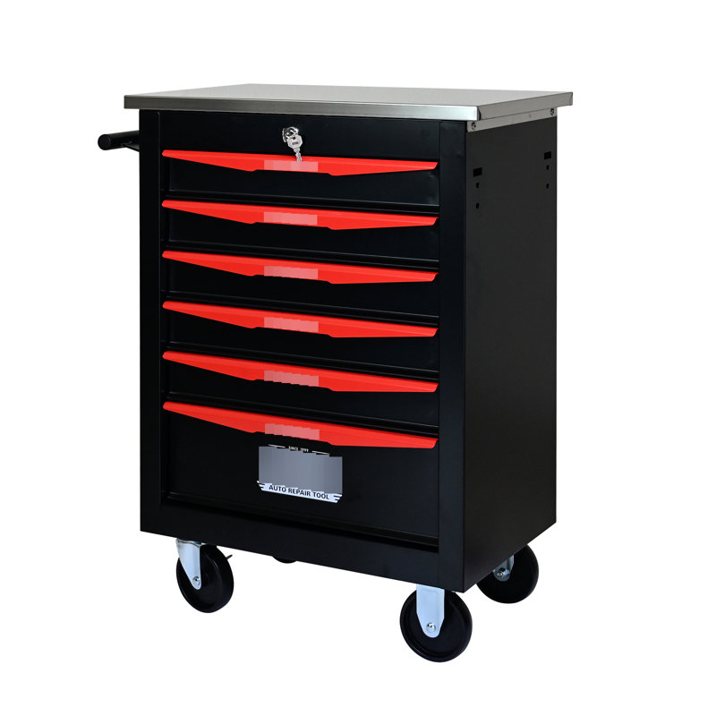 Chariot de rangement pour atelier à 6 tiroirs avec roulettes - noir et rouge pour le garage, l'atelier et l'atelier de réparation