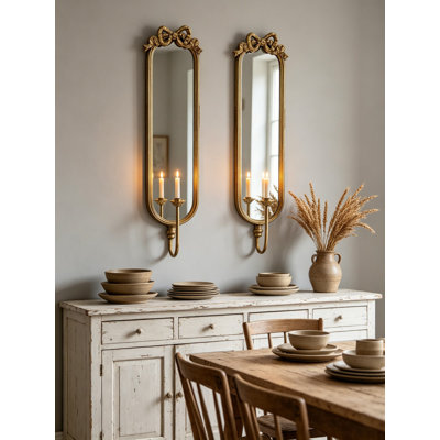 Ensemble de 2 miroirs d'appoint muraux verticaux et or 6 x 4,5 x 28 po, miroir mural en verre avec porte-bougie en fer