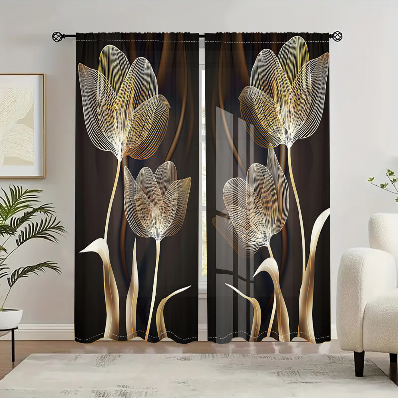 2Pcs Élégant rideau en tulipe avec passe-tringle, impression numérique, matériau en polyester adapté au salon, salle à manger, salle à manger, décoration de luxe moderne