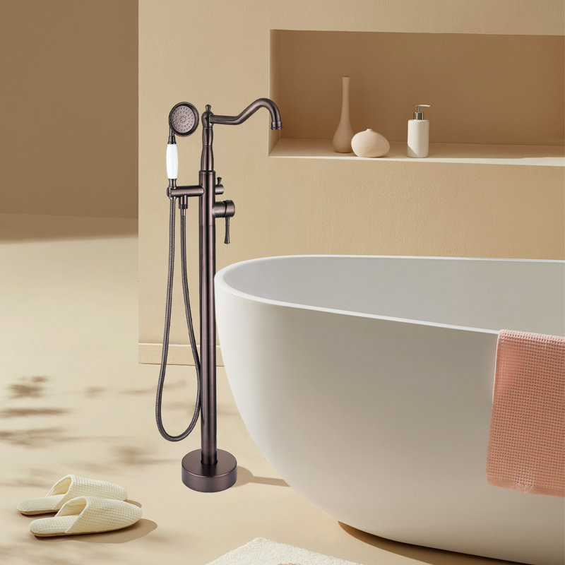 Double Handle Floor Mounted Tub Filler With Handshower, Oil Rubbed Bronze