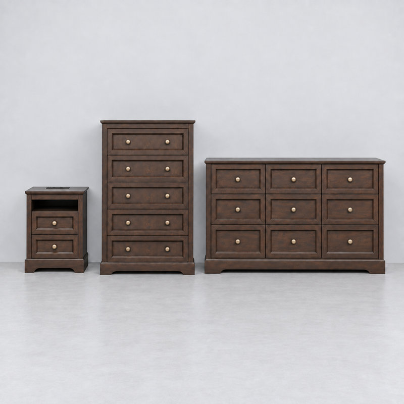 Ensemble de chambre à coucher 3 pièces comprenant une commode à 9 tiroirs, une commode à 5 tiroirs et une table de chevet