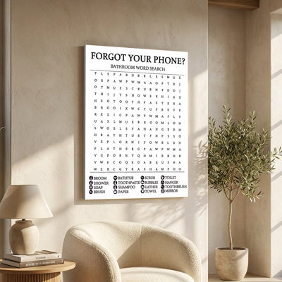 Motif de salle de bain: recherche de mots: lettres disposées dans une grille, art mural sur toile - style imprimé noir et blanc. Peinture moderne, galerie profonde de 1 po, 24 po x 36 po