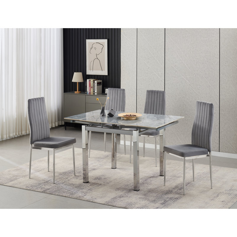 Piccolo Grey Sintered Stone Extending Dining Table with 4 Monza Grey Velvet Chairs