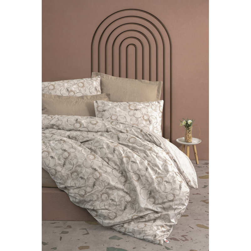 100% Cotton Ranforce Quilt Cover Set, Beige | Includes Duvet Cover (63 x 87), Fitted Sheet (63 x 94), & Pillowcase (20 x 28) | Machine Washable, 145 Thread Count, Button Closure, Elegant Pigment Printing