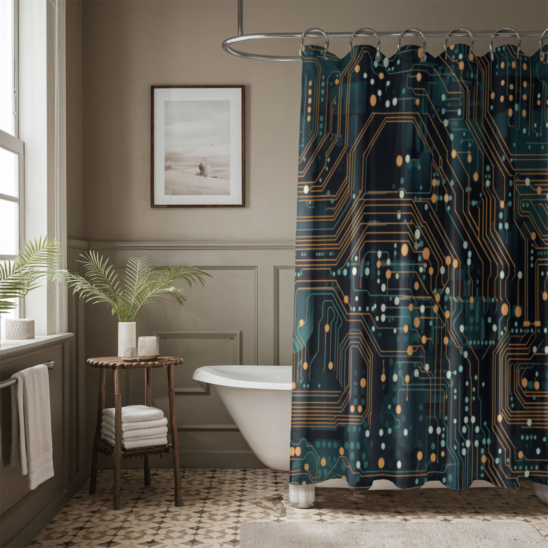 Circuitry - Rideau de douche Premium, H 74 po x l 71 po, Bleu sarcelle/bleu, Montage des circuits