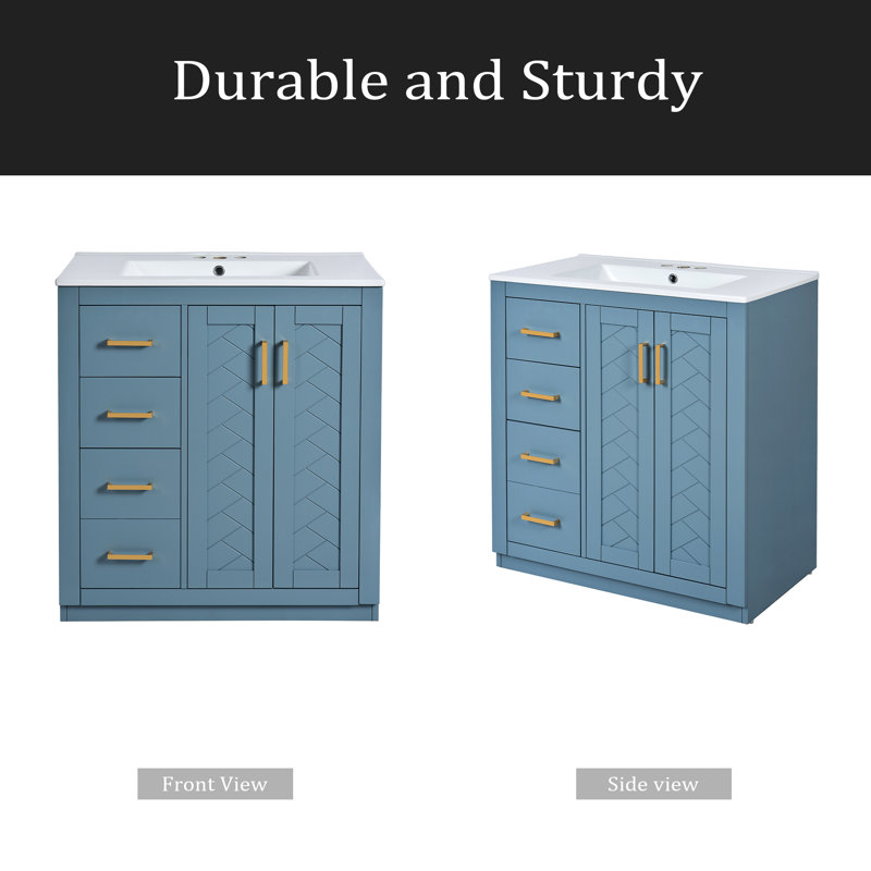 30'' Bathroom Vanity With Ceramic Sink Combo,Solid Wood Frame Bathroom Storage Cabinet, Freestanding Vanity Set With 3 Drawers& Soft Closing Doors