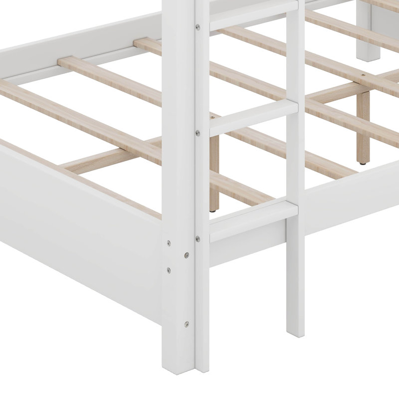 Wood Queen Size Bunk Bed With Ladder, White