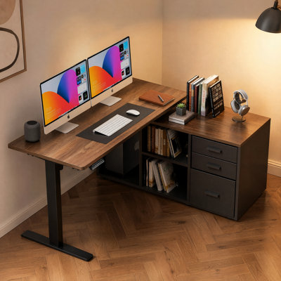 Bureau de direction en L avec classeur, bureau électrique réglable en hauteur 55 po x 24 po avec 4 préréglages de mémoire, bureau une pièce, bureau d'ordinateur de bureau à domicile moderne