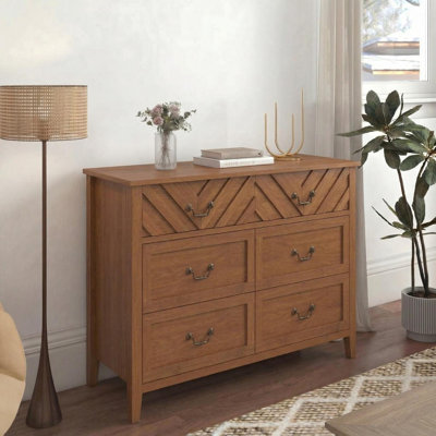 TV Stand with 6 Drawers, Modern Media Console Cabinet with 3D v-Pattern Front, Wooden Entertainment Center with Storage for Living Room, Apartment, Entryway