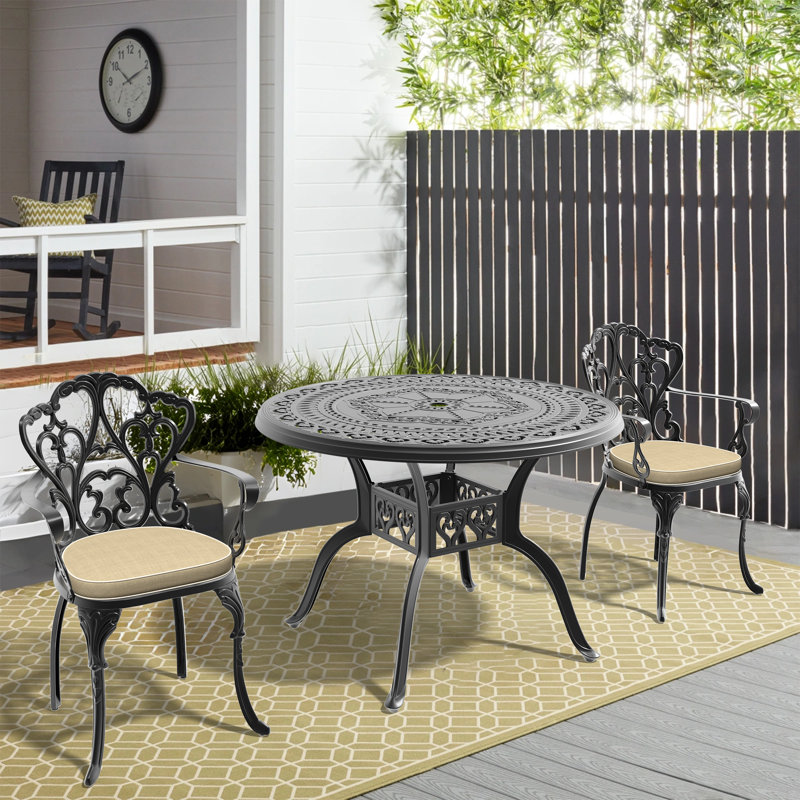 3-Piece Bistro Dining Set, 39.37" Round Table with Umbrella Hole & 2 Armchairs with Beige Cushions, 2