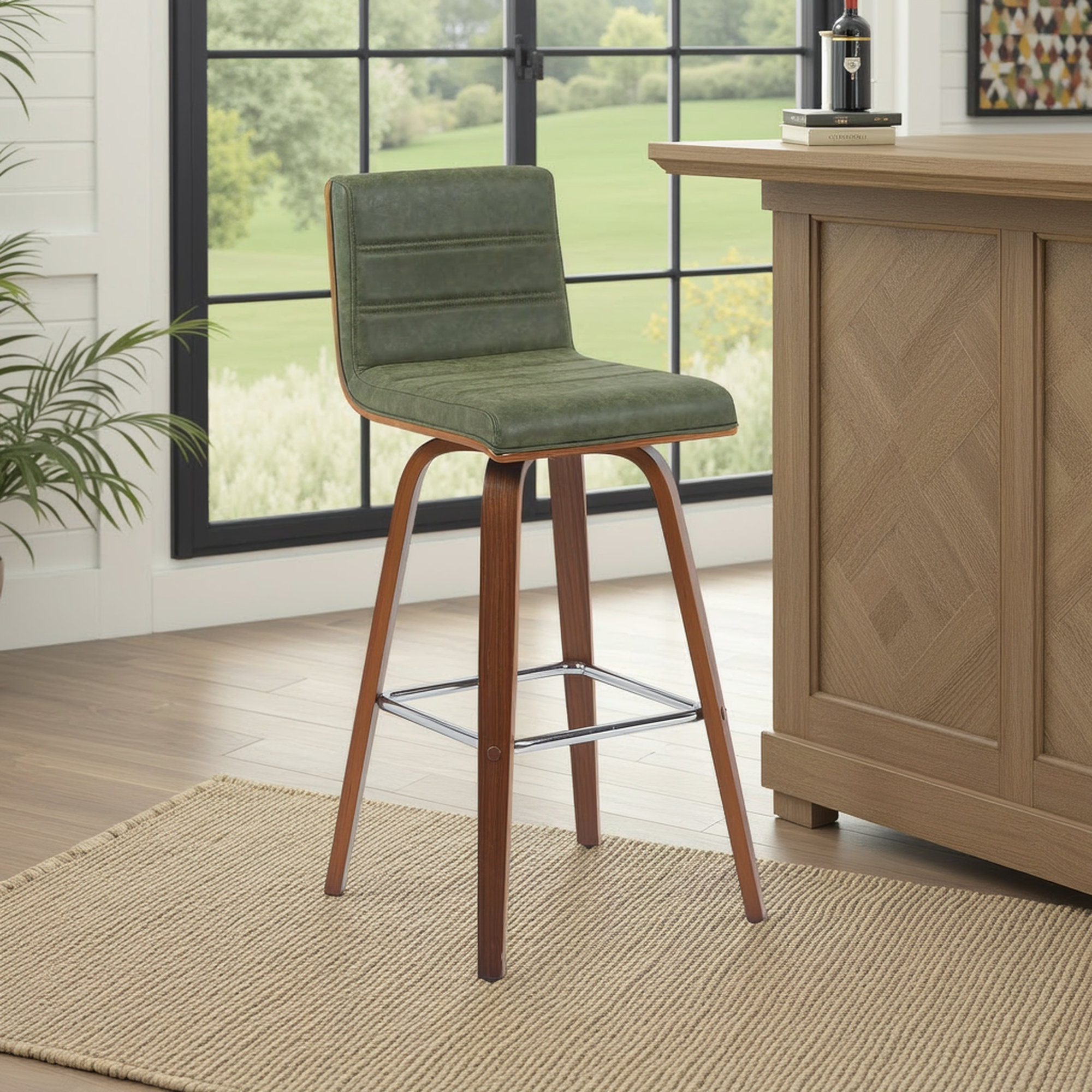Biance Solid Wood Swivel Bar & Counter Stool, White Faux Leather, Walnut, Bar Stool (30" Seat Height)