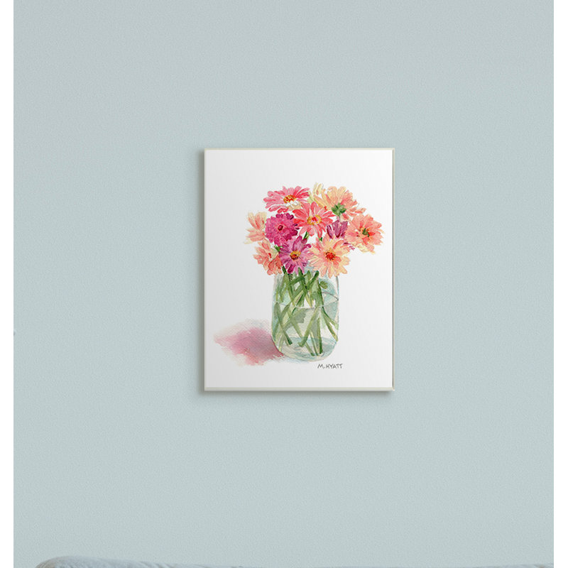 Bouquet d'aquarelles roses en pot en conserve, H 15 po x l 10 po, Plaque murale