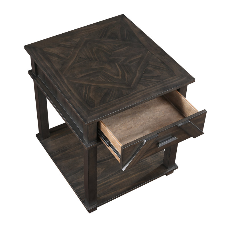 Table de bout traditionnelle avec finition brune, rangement de tiroir et tablette inférieure pour les meubles de chambre à coucher