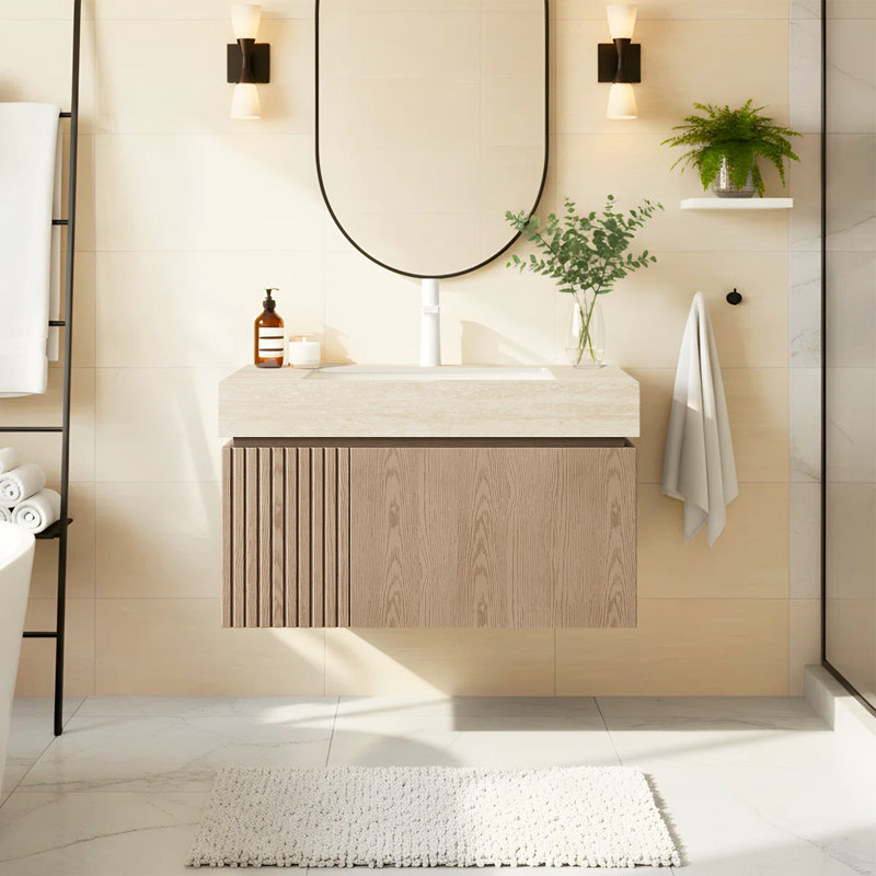 Meuble-lavabo de salle de bain de luxe moderne en pierre frittée Mid-Century