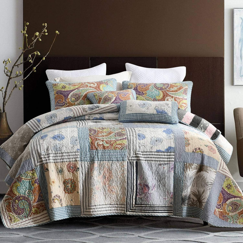  HoneiLife  White Swirl  Cotton Handmade Patchwork 3-Piece Queen Size Quilt Sets, Queen Quilt + 2 Standard Pillowcases