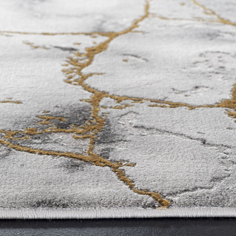 Tapis gris et or à motif abstrait Swindle, Rond 4 pi