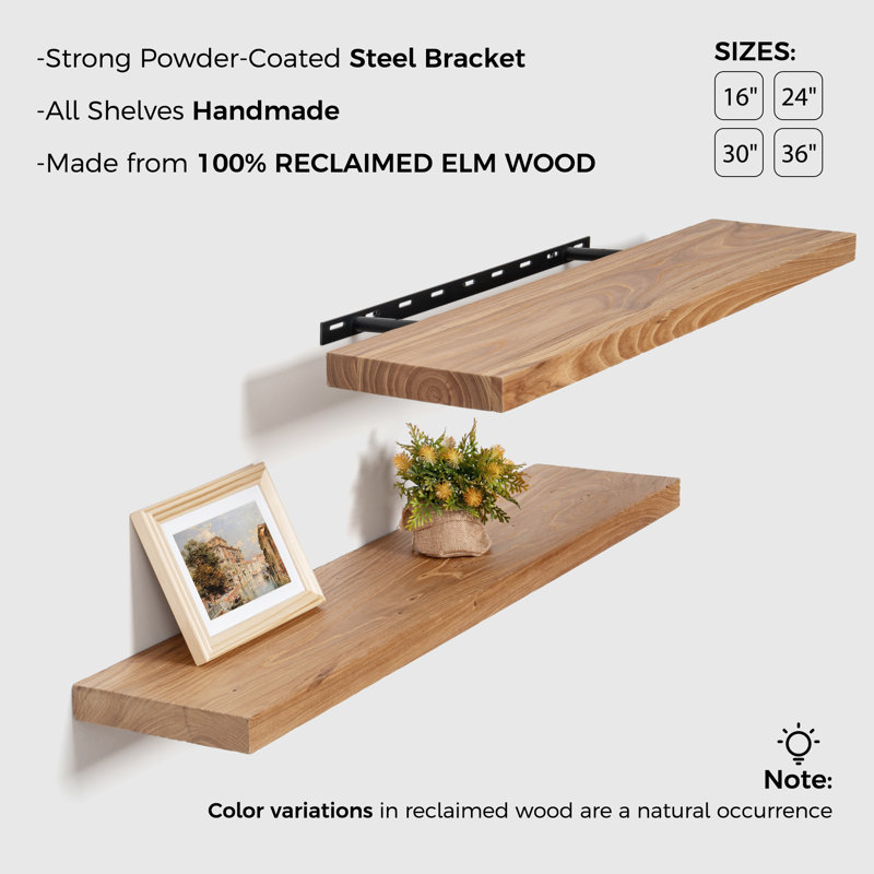 Desseray Set of 2 Reclaimed Elm Floating Shelves, 1.5" H x 24" W x 8" D, Natural