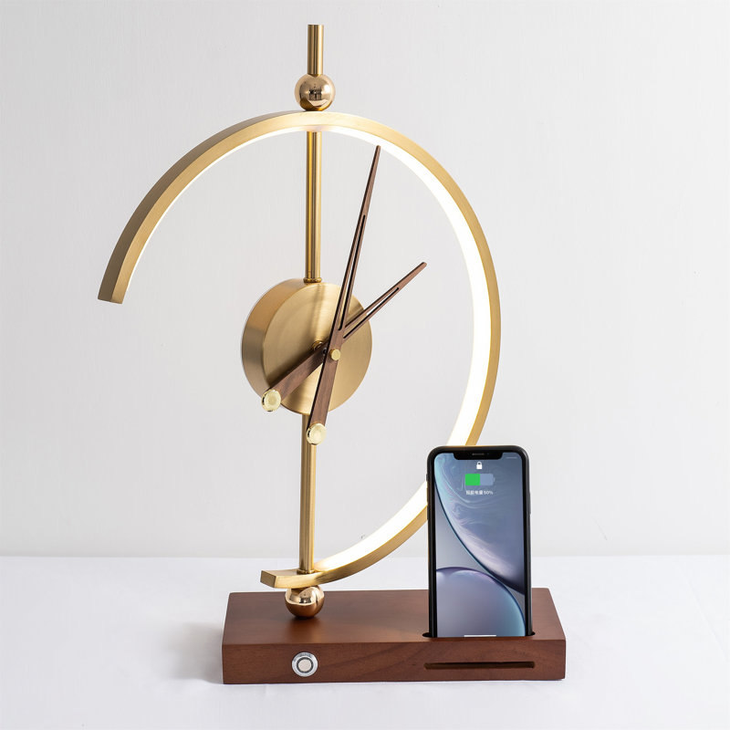 Lampe horloge à DEL minimaliste avec chargeur sans fil pour téléphone / base en bois
