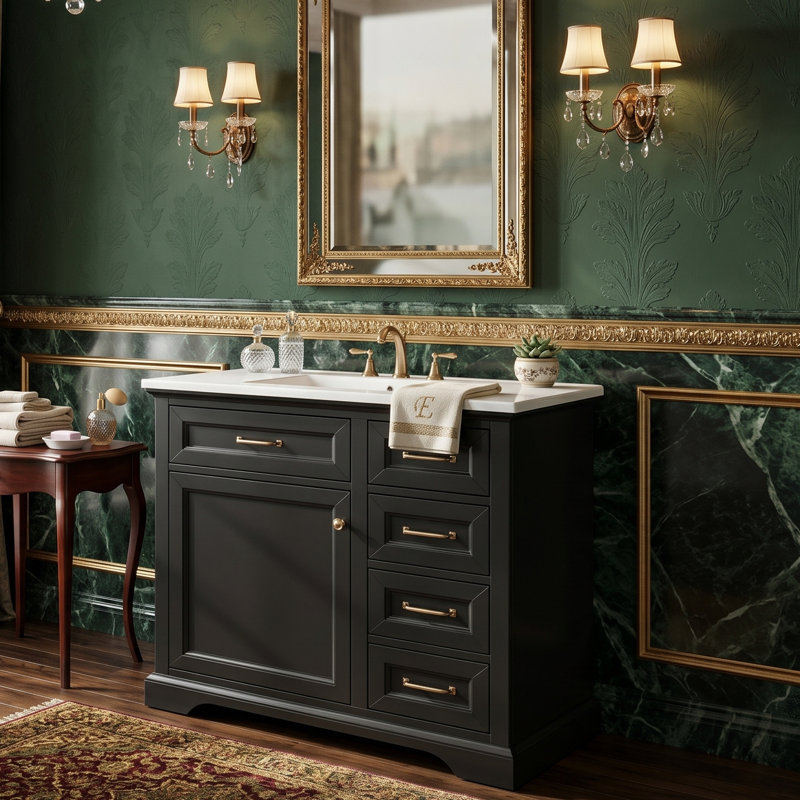 36" Freestanding Bathroom Vanity With Ceramic Sink, 2 Tip-Out Trays & Soft-Close Door Organizer & 2 Drawers, Black, Gold