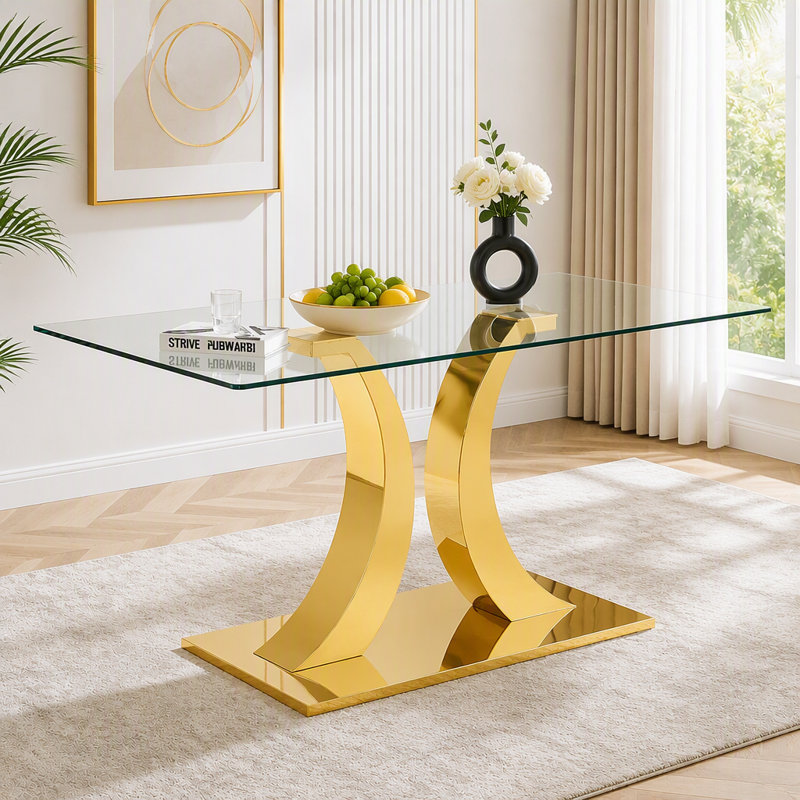 63-Inch Rectangular Tempered Glass Dining Table, Silver+Transparent