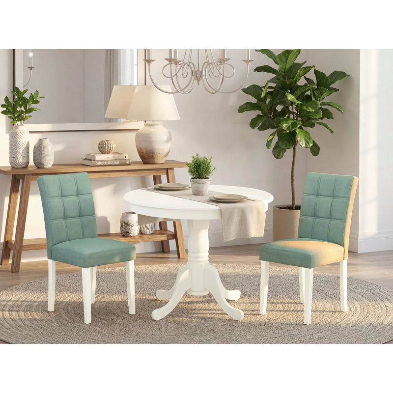 L'ensemble de table de salle à manger 3 pièces se compose d'une table de salle à manger et de 2 chaises de cuisine Parson en polyester vert Willow avec dossier élégant - finition lin blanc