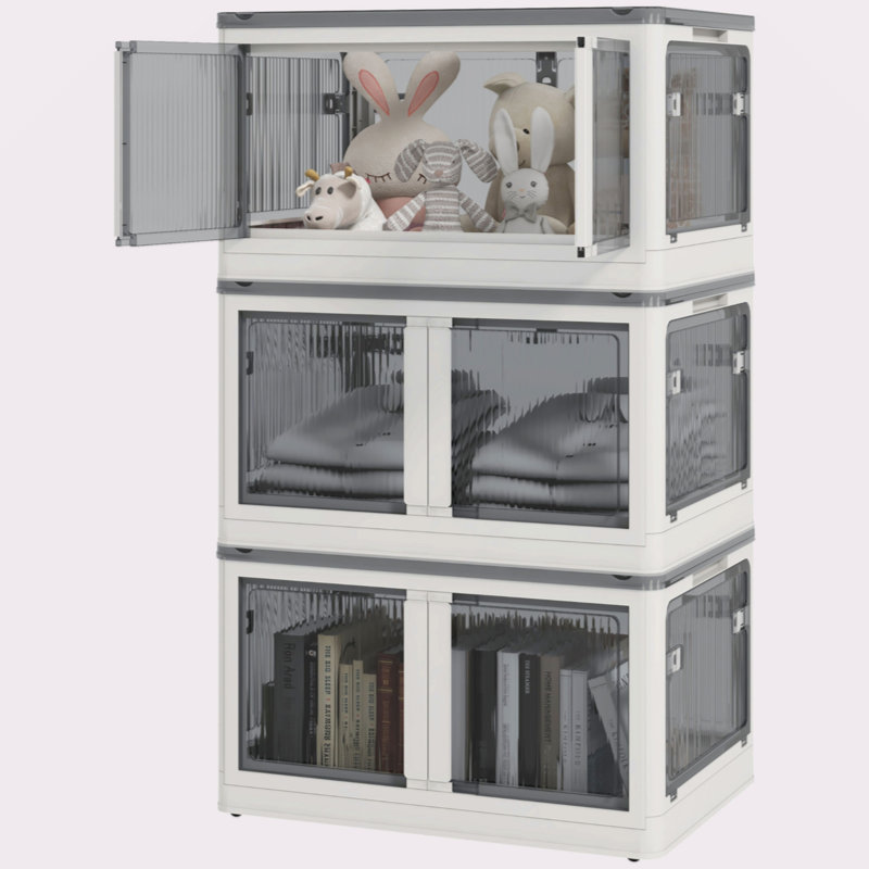 32 Gal Stackable Storage Bins With Lids, 3 Packs Collapsible Closet Organizers And Storage, Plastic Drawer Storage Container On Wheels With 5-Sided Access, Doors For Blankets