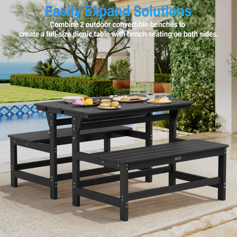 Folding Picnic Outdoor Table Convertible Bench Patio Dining Set, Black