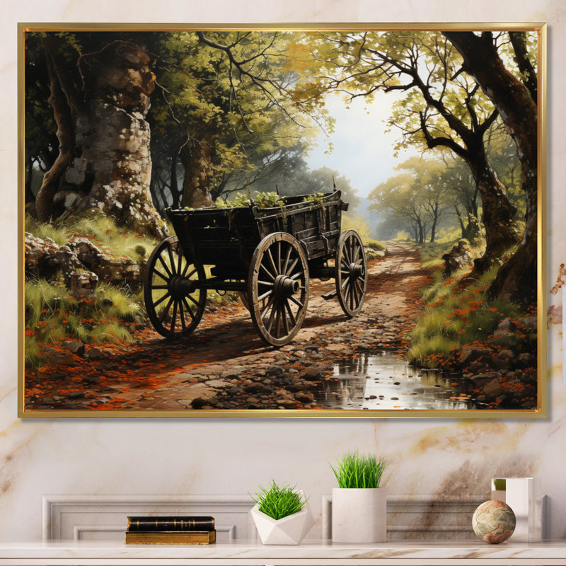 «Brown Old Cart Cart Path» sur toile brune, Cadre flottant doré, H 34 po x l 44 po x P 1,5 po