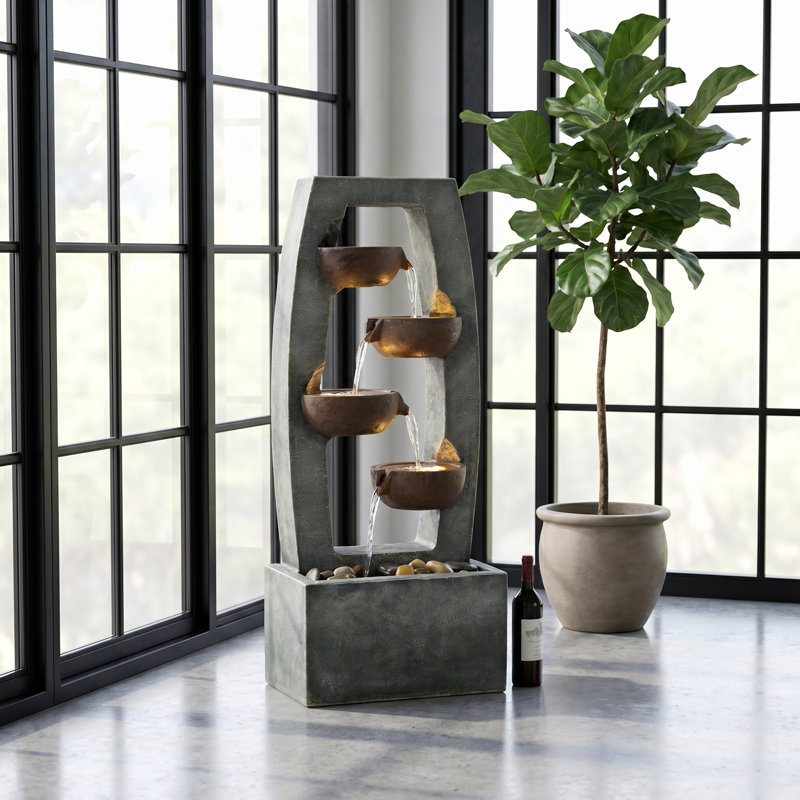 4-Tier Cascading Bowl Water Fountain with LED Lights, Contemporary Rectangular Outdoor Waterfall for Garden and Patio, Gray