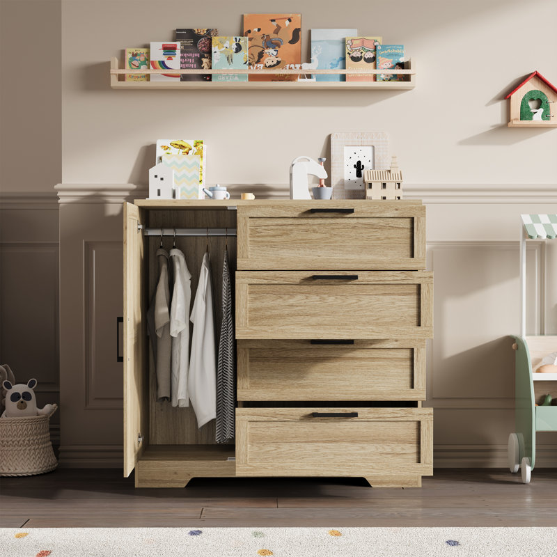 43.3'' Small Wardrobe Closet, Wardrobe Cabinet with Door, 4 Drawers and Handing Rod, Yellow