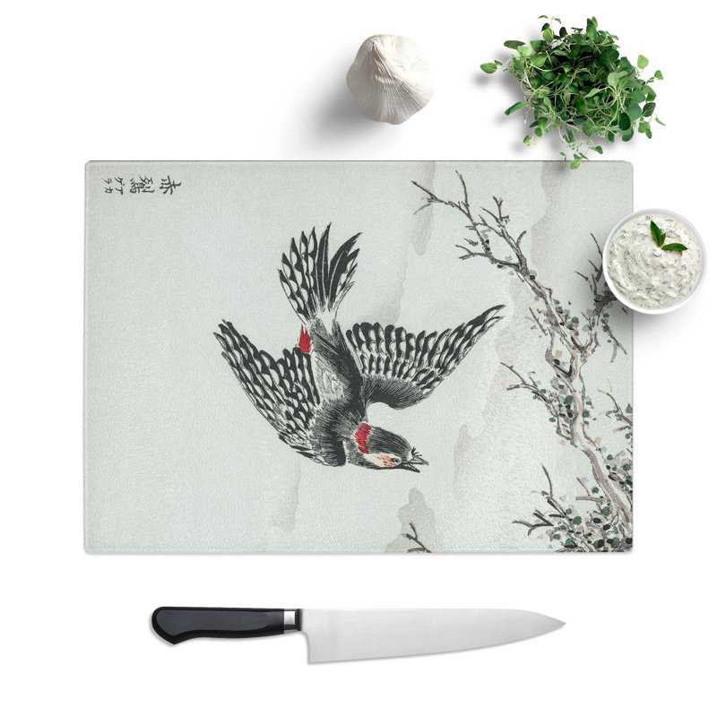 Glass Great Spotted Woodpecker by Numata Kashu Chopping Board, 39 cm W x 28.5 cm L