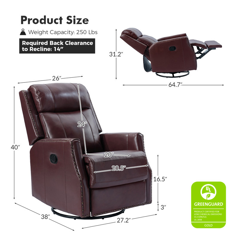 Elimelec Genuine Leather Manual Swivel Recliner, Burgundy