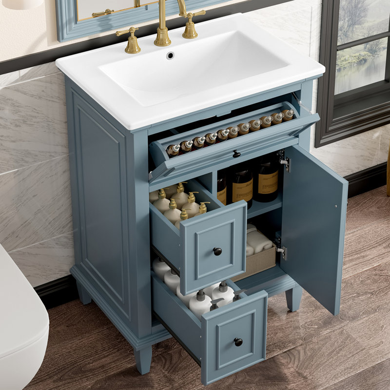 Meuble-lavabo 24 po avec lavabo, meuble-lavabo avec un tiroir rabattable et deux tiroirs, tablette réglable, bois massif et panneau de fibres à densité moyenne, bleu gris