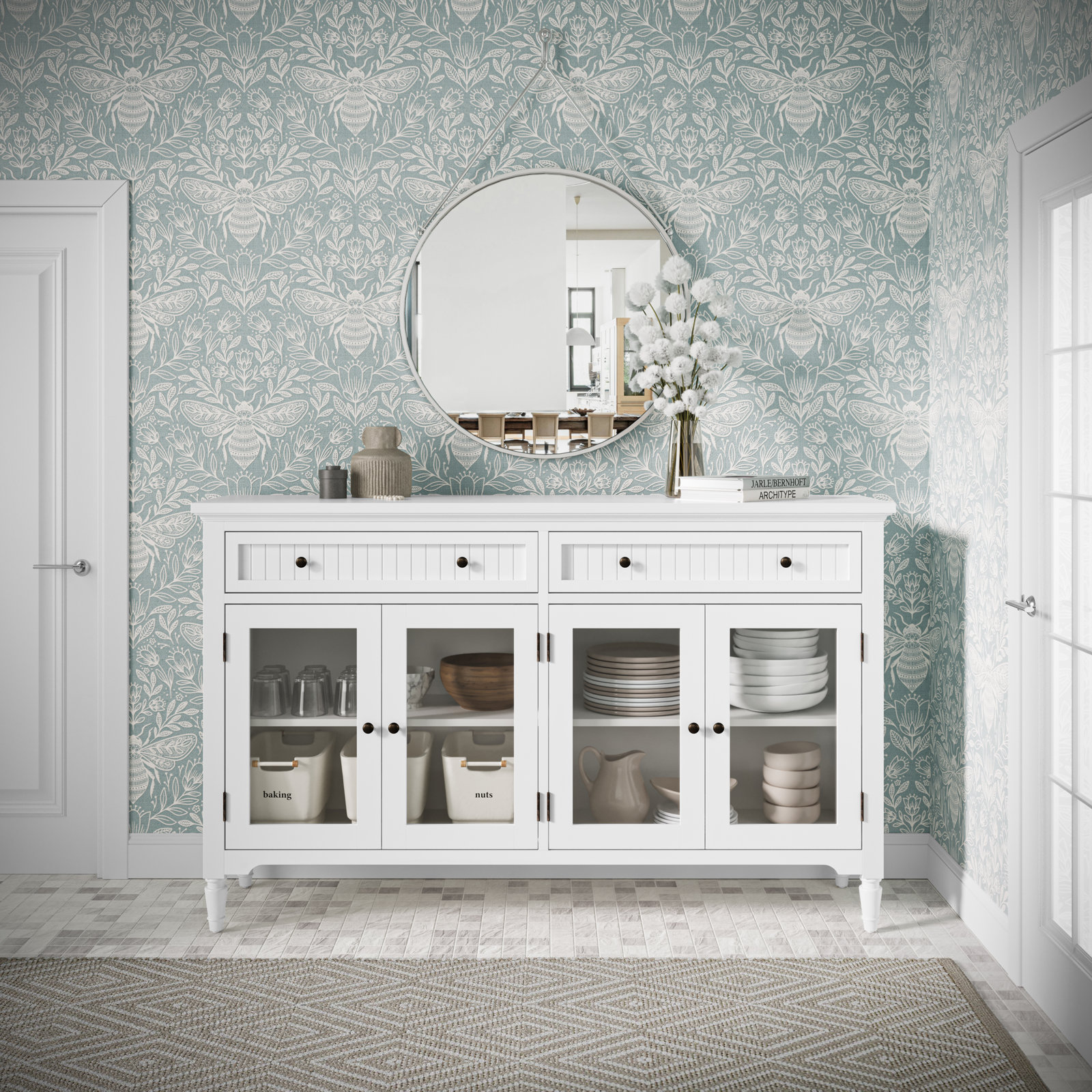 Alibi 58" Glass Door Accent Cabinet, White