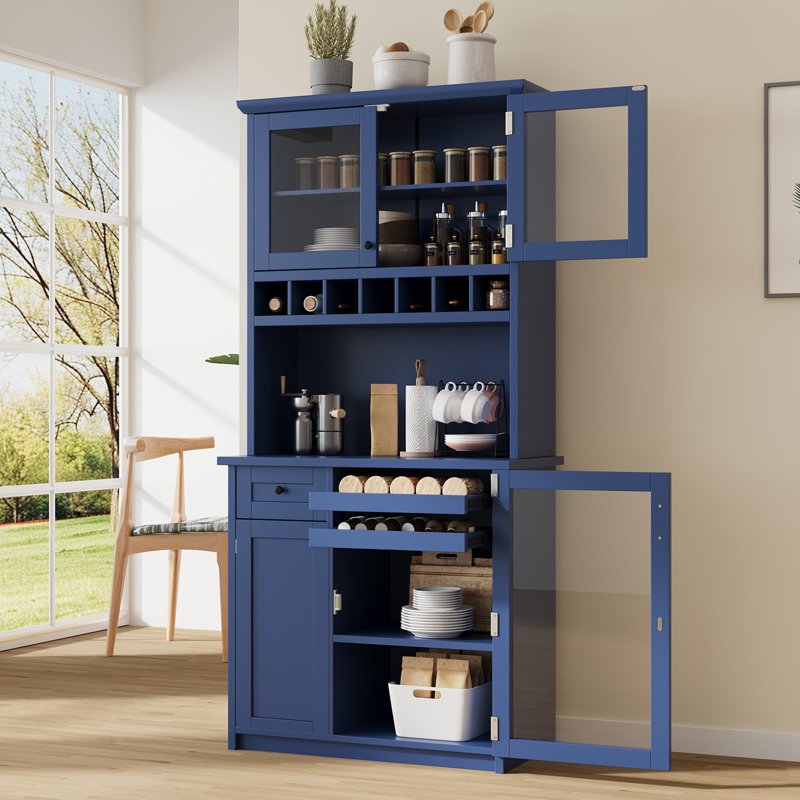 Armoire de cuisine sur pied 74,8 "de style Shaker avec étagère à vin et portes, Blue