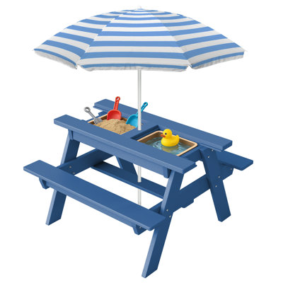 Table de pique-nique en PEHD pour enfants avec bacs sensoriels et trou pour parasol 3 en 1