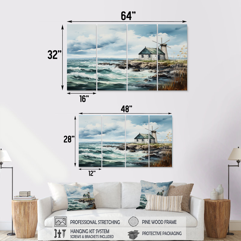 Aquarelle rétro, moulin à vent côtier - Éoliennes, 4 pièces, décoration murale, H 32 po x l 64 po