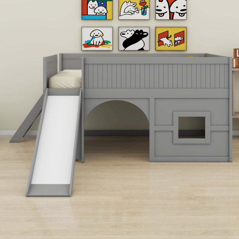 Lit mezzanine bas combiné avec glissade et tablettes, Gris