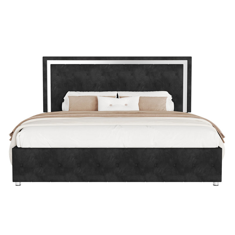 Grand lit standard capitonné noir avec lumières DEL Gerasim, Grand lit, Noir