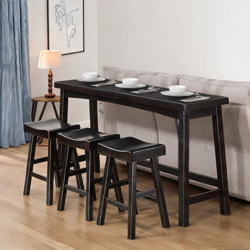 Counter Height Dining Set with 3 Stools, 72-Inch Rectangular Table, Solid Rubberwood, Jet Black Finish, Space-Saving Kitchen and Dining