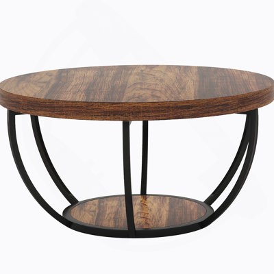 Round Rustic Brown 2-Tier Wooden Coffee Table With Storage, For Modern And Contemporary Living Rooms