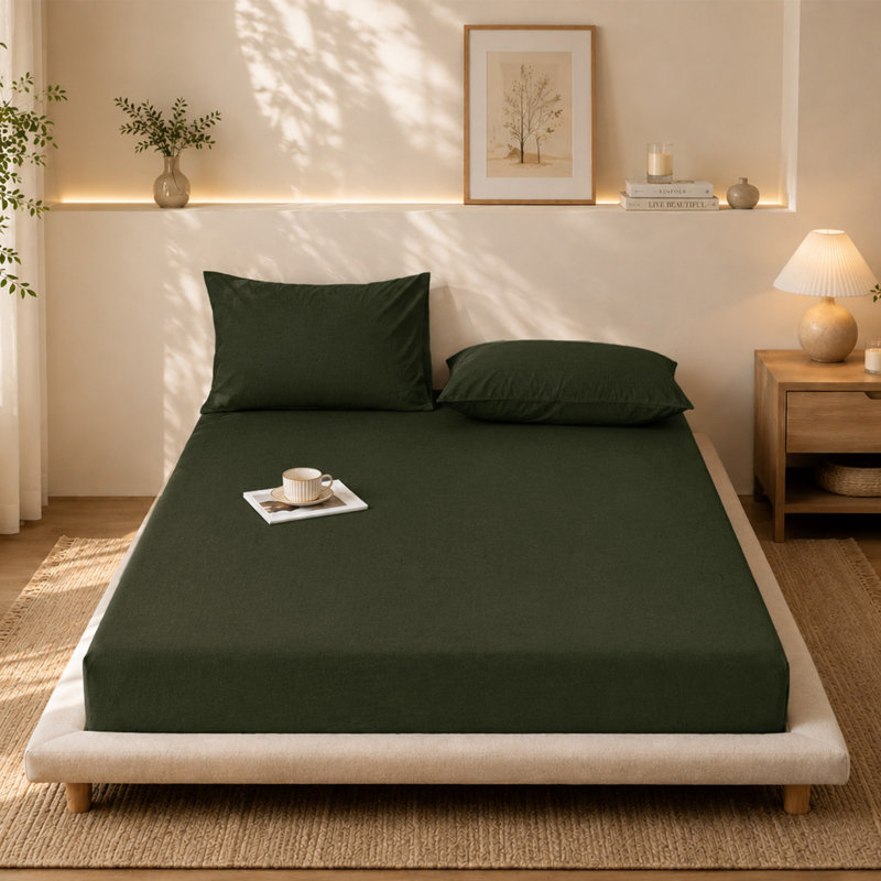 Moomee Fitted Sheet with Pillowcases 3-Piece Set 100% Washed Cotton Linen Like Textured, Olive Green