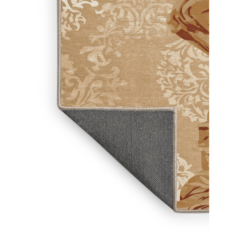 Tapis moelleux moelleux classique à motif de damas statue en brun - reliure beige, 8 x 10
