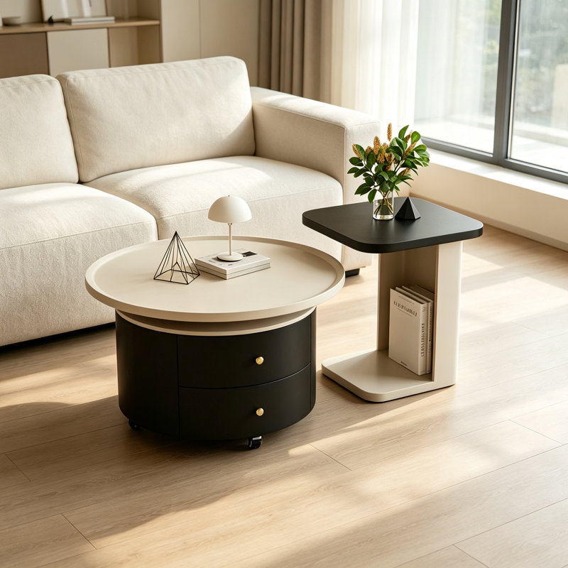 Table basse de salon mobile sur roulettes, 17.71" H x 19.68" W x 19.68" D, Cream/Black